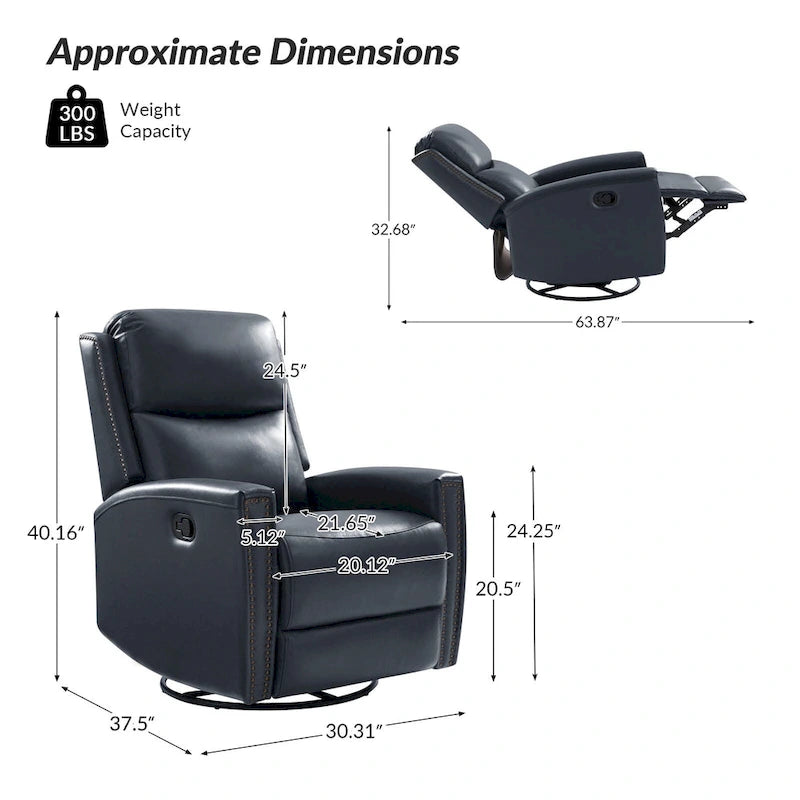 30.31Wide Modern Genuine Leather Wingback Swivel Rocker Recliner with Nailhead Trims, Set of 2