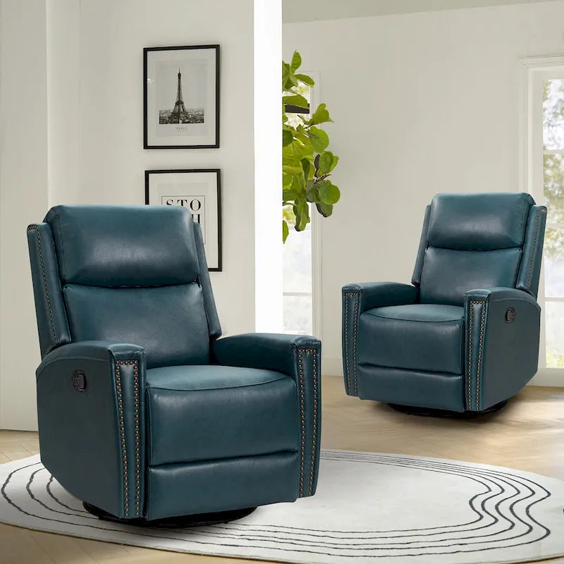 30.31Wide Modern Genuine Leather Wingback Swivel Rocker Recliner with Nailhead Trims, Set of 2