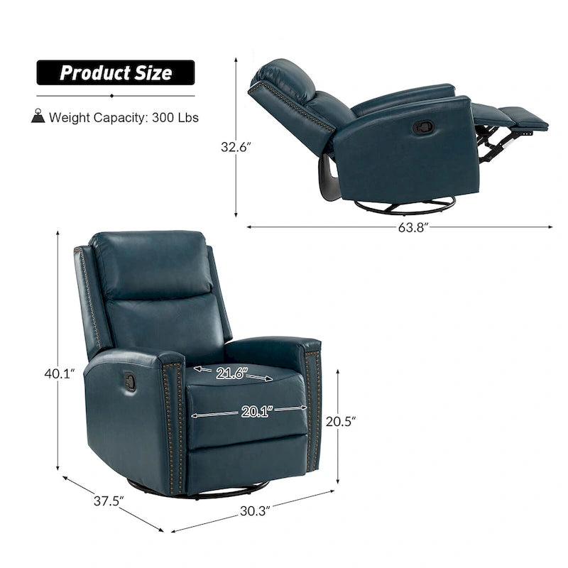 30.31Wide Modern Genuine Leather Wingback Swivel Rocker Recliner with Nailhead Trims, Set of 2