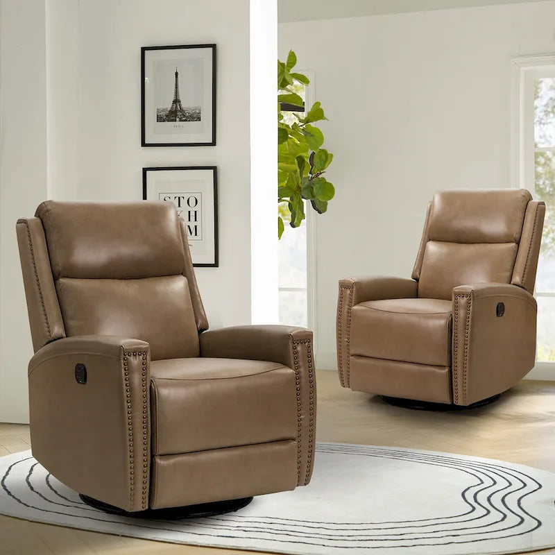 30.31Wide Modern Genuine Leather Wingback Swivel Rocker Recliner with Nailhead Trims, Set of 2