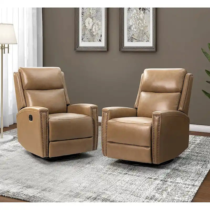 30.31Wide Modern Genuine Leather Wingback Swivel Rocker Recliner with Nailhead Trims, Set of 2
