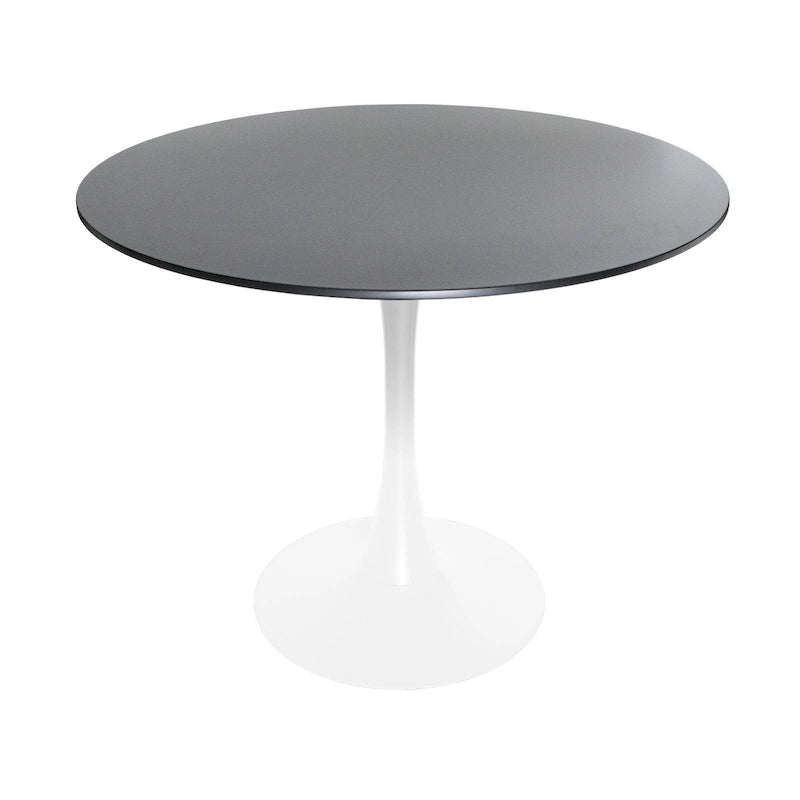 35 Inch Mid Century Modern Round Dining Table, Wood Top & Glossy Iron Pedestal Base for Kitchen & Dining Room