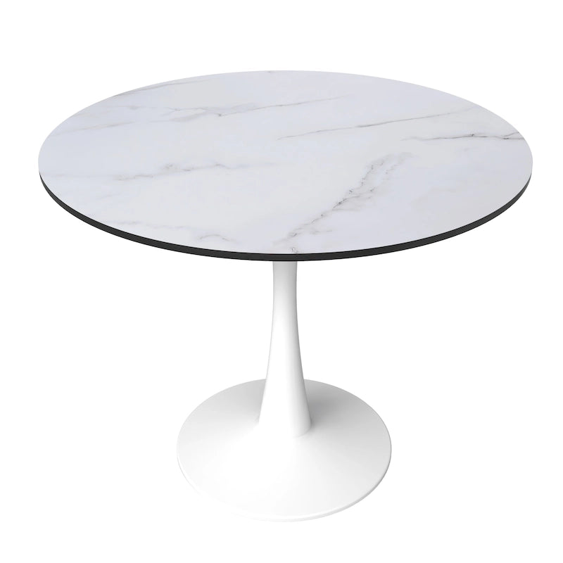 35 Inch Mid Century Modern Round Dining Table, Wood Top & Glossy Iron Pedestal Base for Kitchen & Dining Room