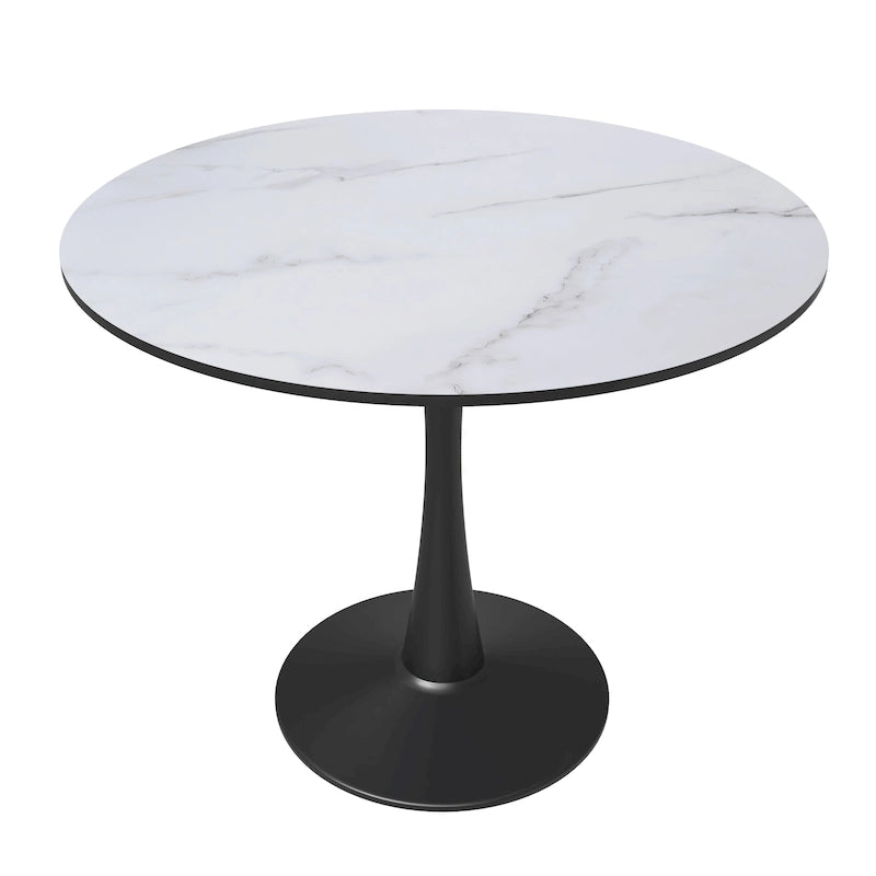35 Inch Mid Century Modern Round Dining Table, Wood Top & Glossy Iron Pedestal Base for Kitchen & Dining Room