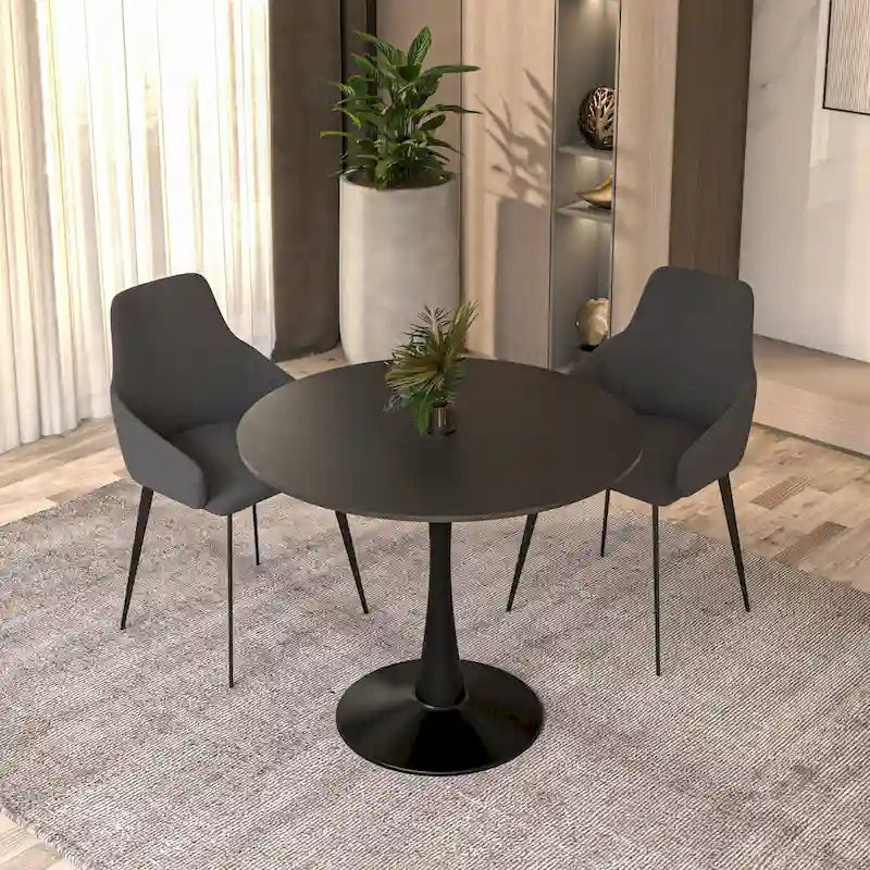 35 Inch Mid Century Modern Round Dining Table, Wood Top & Glossy Iron Pedestal Base for Kitchen & Dining Room