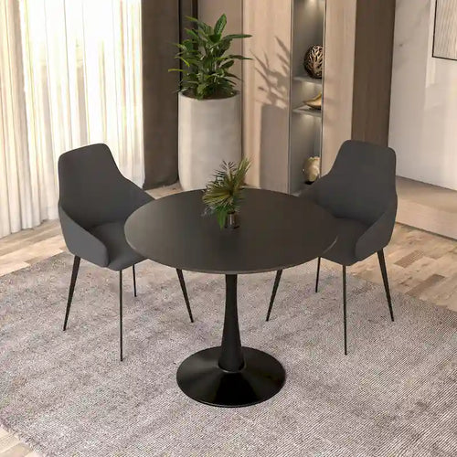 35 Inch Mid Century Modern Round Dining Table, Wood Top & Glossy Iron Pedestal Base for Kitchen & Dining Room