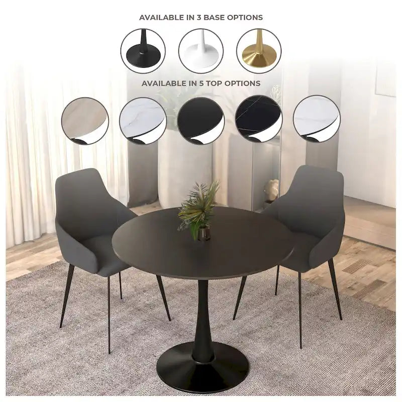 35 Inch Mid Century Modern Round Dining Table, Wood Top & Glossy Iron Pedestal Base for Kitchen & Dining Room