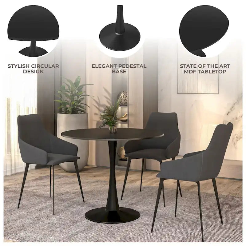 35 Inch Mid Century Modern Round Dining Table, Wood Top & Glossy Iron Pedestal Base for Kitchen & Dining Room