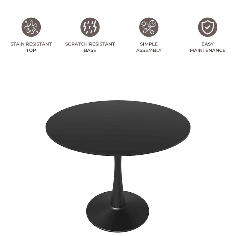 35 Inch Mid Century Modern Round Dining Table, Wood Top & Glossy Iron Pedestal Base for Kitchen & Dining Room