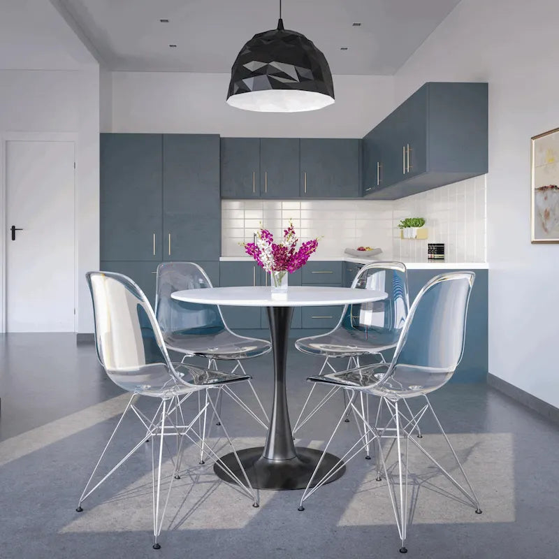 35 Inch Mid Century Modern Round Dining Table, Wood Top & Glossy Iron Pedestal Base for Kitchen & Dining Room