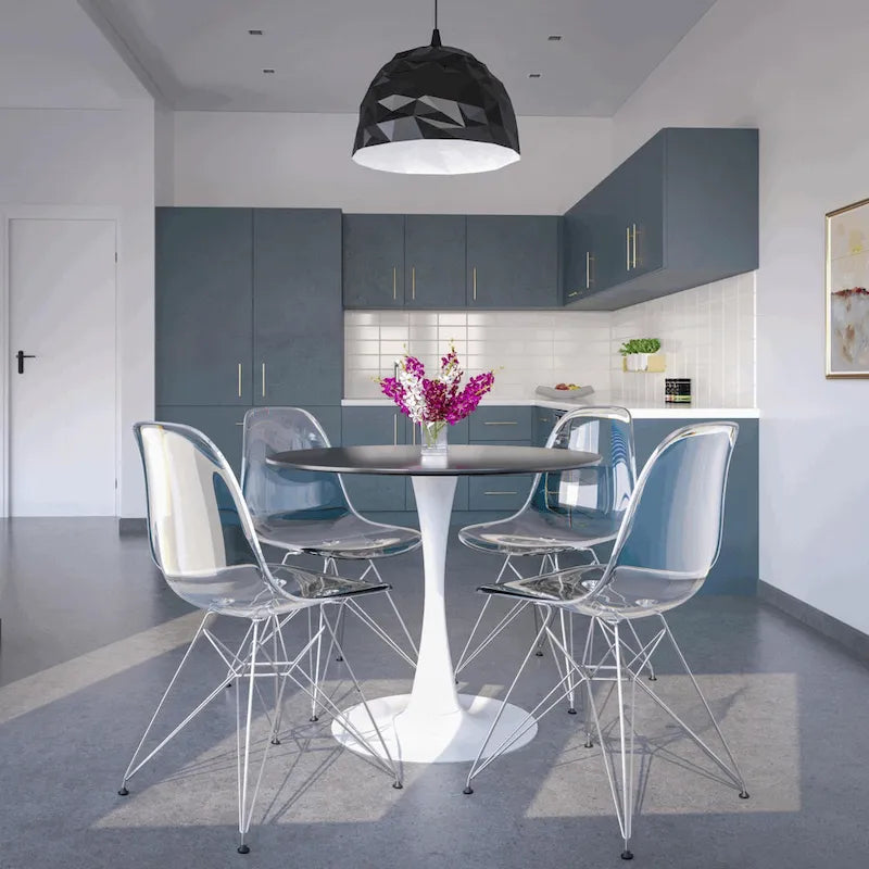 35 Inch Mid Century Modern Round Dining Table, Wood Top & Glossy Iron Pedestal Base for Kitchen & Dining Room