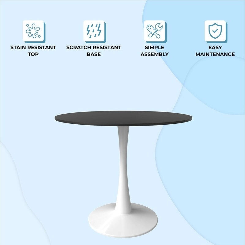35 Inch Mid Century Modern Round Dining Table, Wood Top & Glossy Iron Pedestal Base for Kitchen & Dining Room