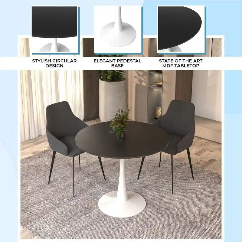 35 Inch Mid Century Modern Round Dining Table, Wood Top & Glossy Iron Pedestal Base for Kitchen & Dining Room