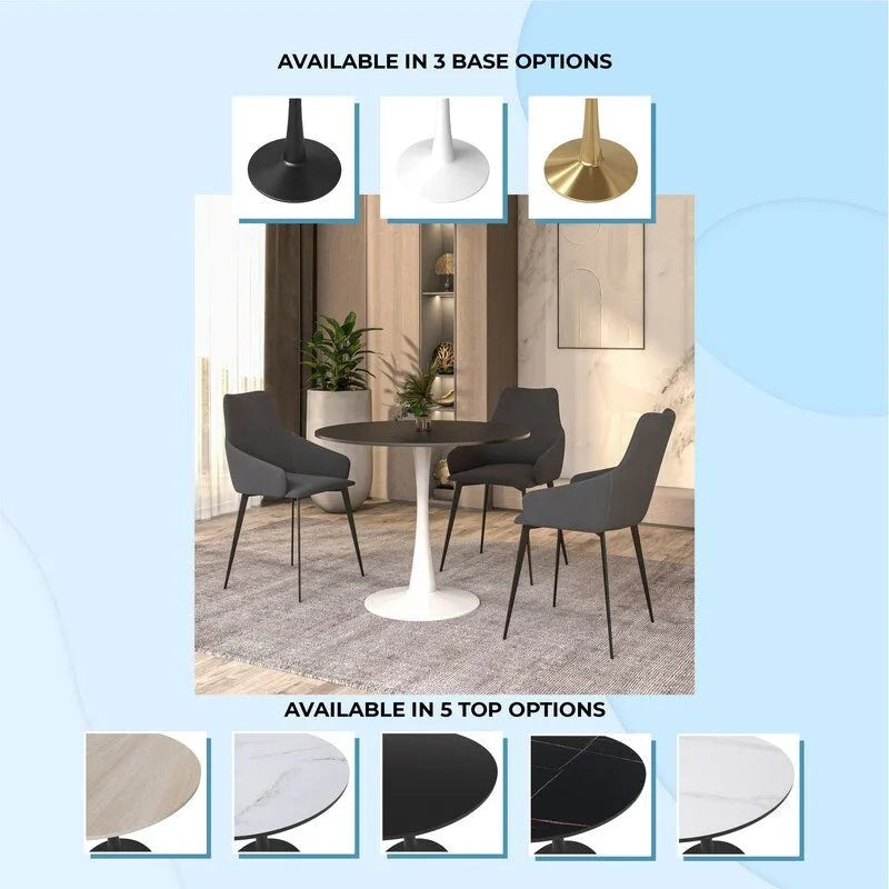 35 Inch Mid Century Modern Round Dining Table, Wood Top & Glossy Iron Pedestal Base for Kitchen & Dining Room
