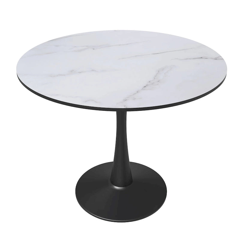 35 Inch Mid Century Modern Round Dining Table, Wood Top & Glossy Iron Pedestal Base for Kitchen & Dining Room