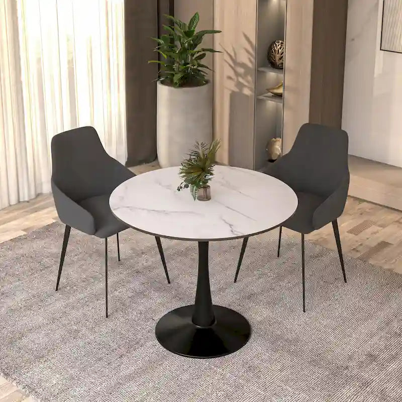 35 Inch Mid Century Modern Round Dining Table, Wood Top & Glossy Iron Pedestal Base for Kitchen & Dining Room