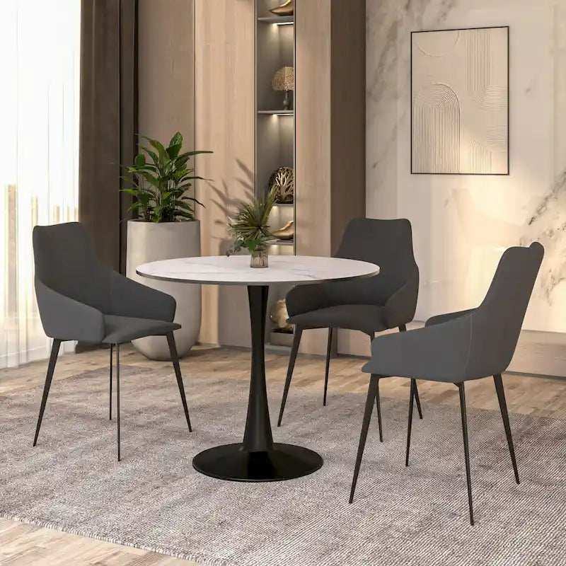 35 Inch Mid Century Modern Round Dining Table, Wood Top & Glossy Iron Pedestal Base for Kitchen & Dining Room