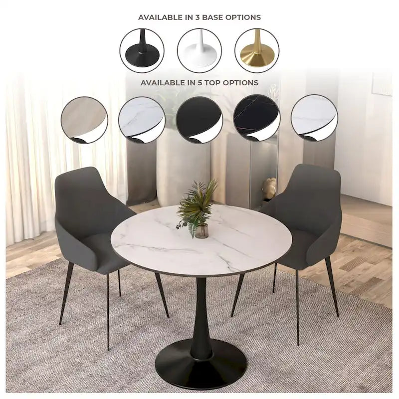 35 Inch Mid Century Modern Round Dining Table, Wood Top & Glossy Iron Pedestal Base for Kitchen & Dining Room