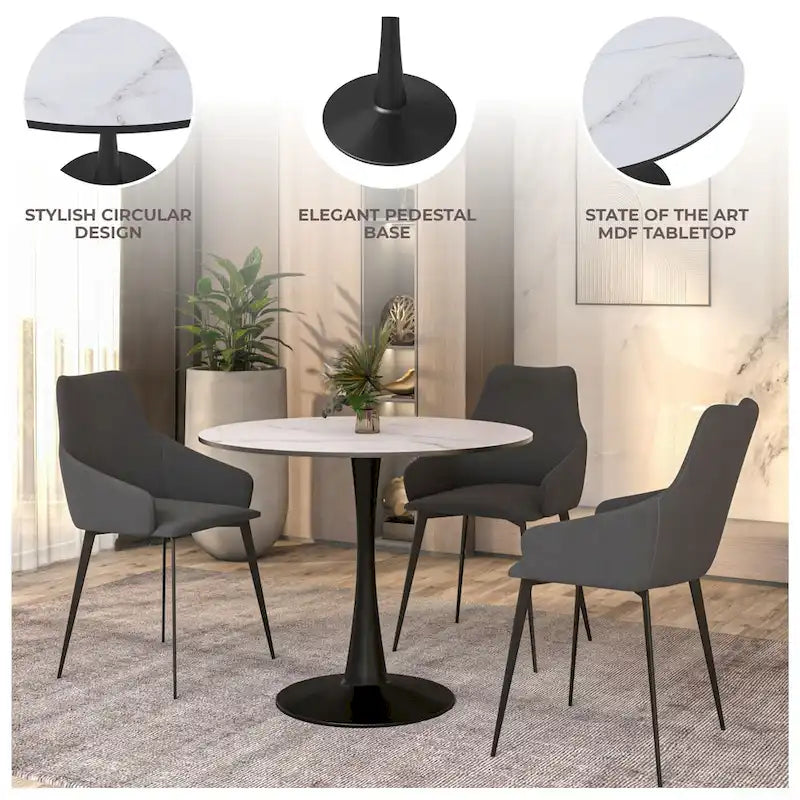 35 Inch Mid Century Modern Round Dining Table, Wood Top & Glossy Iron Pedestal Base for Kitchen & Dining Room