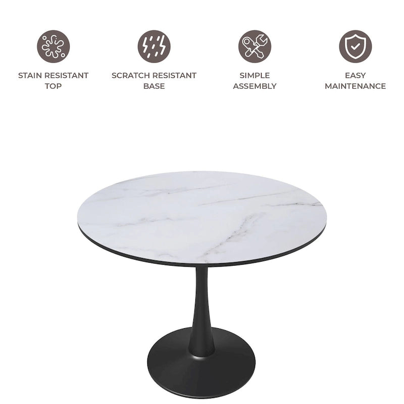 35 Inch Mid Century Modern Round Dining Table, Wood Top & Glossy Iron Pedestal Base for Kitchen & Dining Room