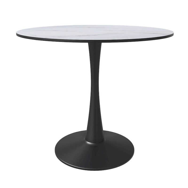 35 Inch Mid Century Modern Round Dining Table, Wood Top & Glossy Iron Pedestal Base for Kitchen & Dining Room