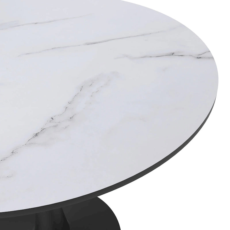 35 Inch Mid Century Modern Round Dining Table, Wood Top & Glossy Iron Pedestal Base for Kitchen & Dining Room