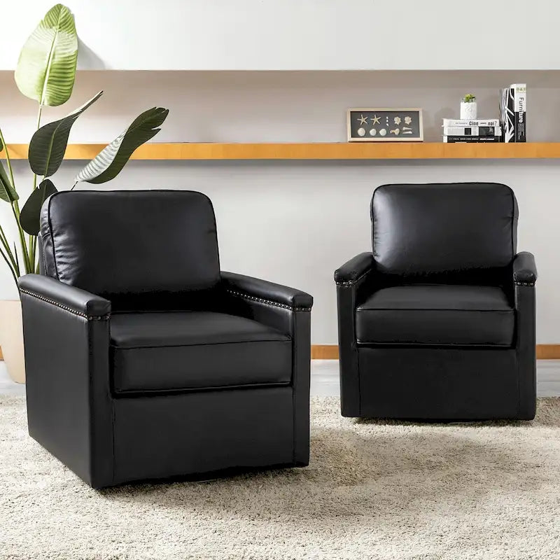 Classic Genuine Leather Swivel Armchair With Nailhead Trims Set Of 2