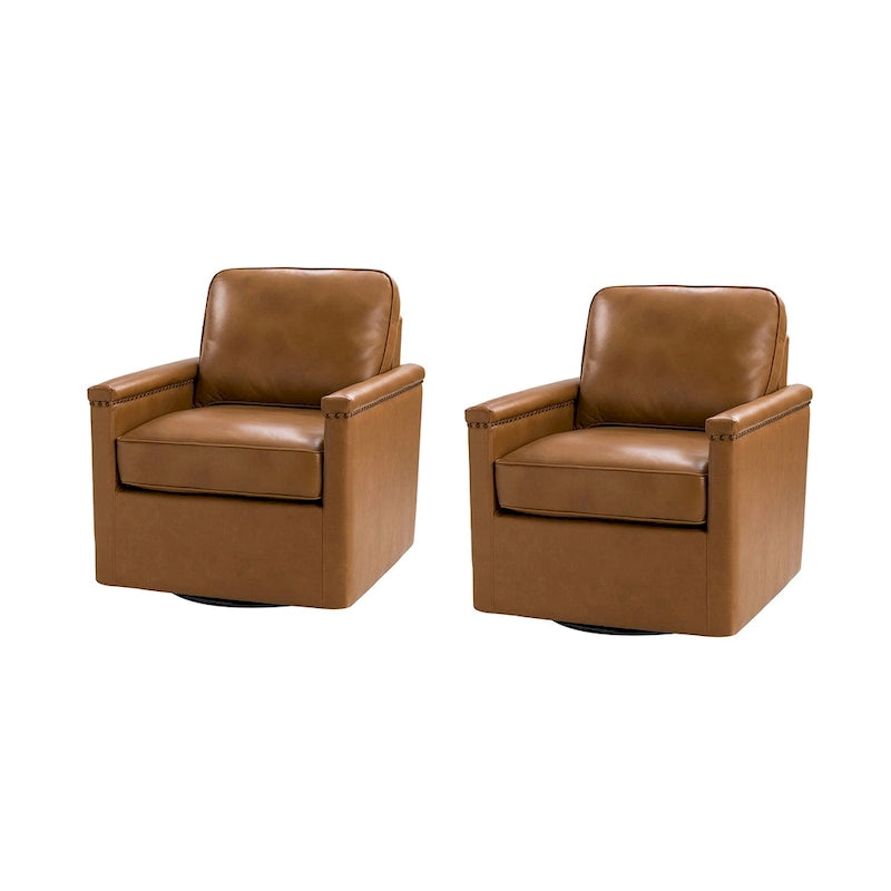 Classic Genuine Leather Swivel Armchair With Nailhead Trims Set Of 2
