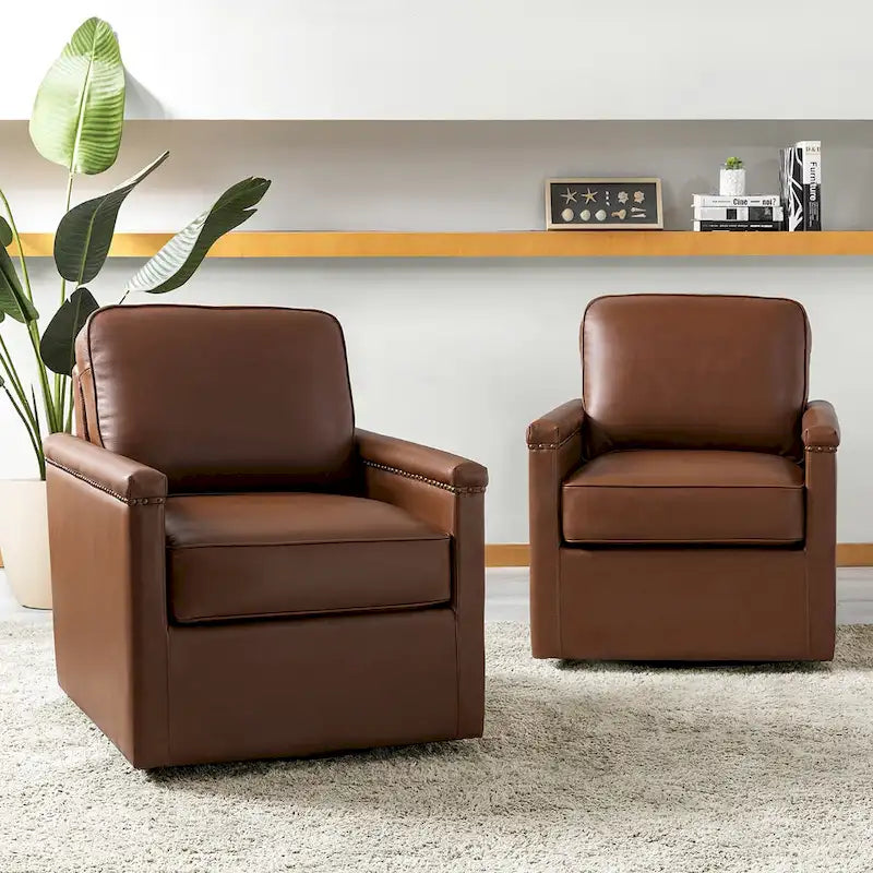 Classic Genuine Leather Swivel Armchair With Nailhead Trims Set Of 2