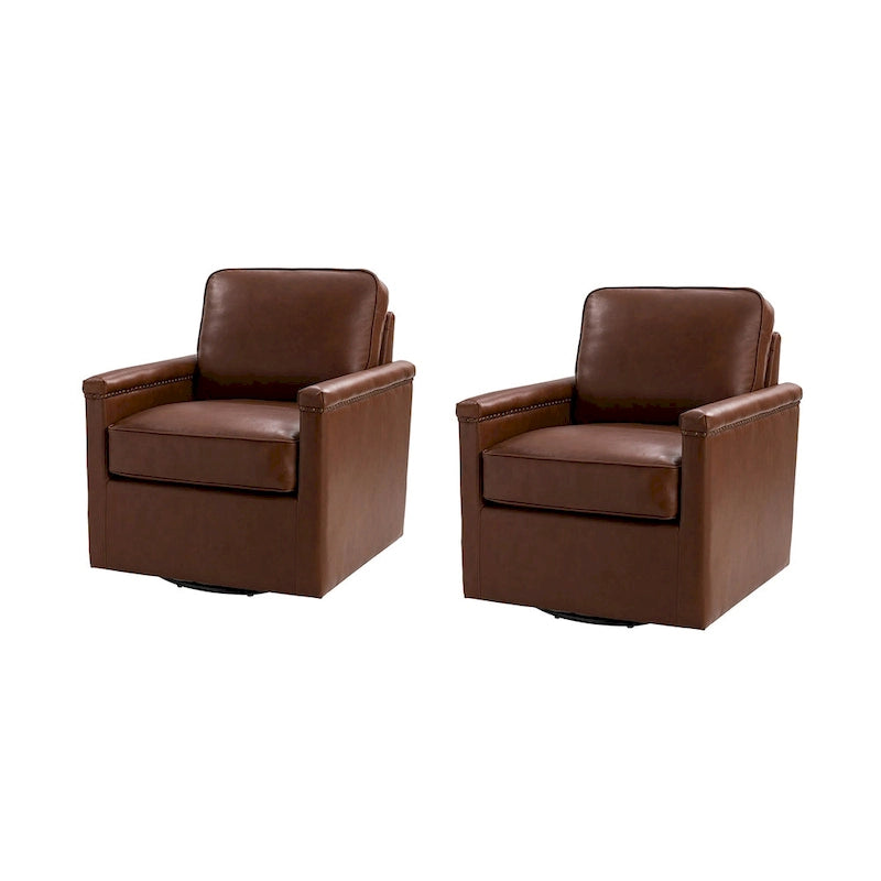 Classic Genuine Leather Swivel Armchair With Nailhead Trims Set Of 2