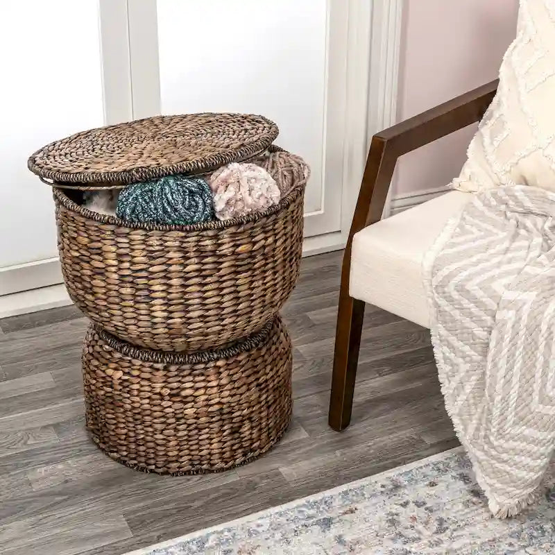 18 Hourglass Handwoven Hyacinth Storage Accent Table with Lid