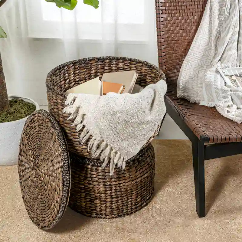 18 Hourglass Handwoven Hyacinth Storage Accent Table with Lid