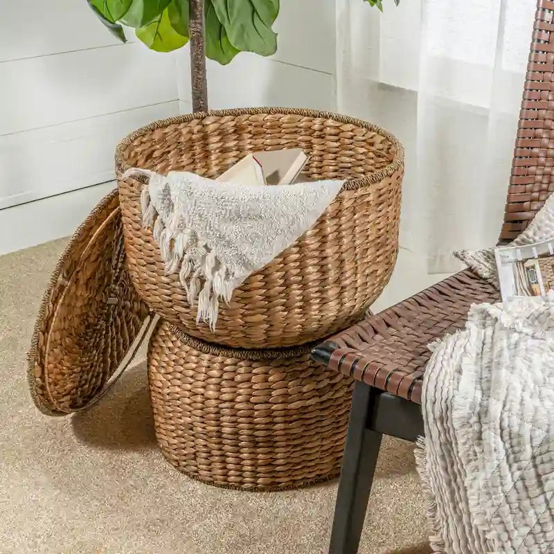 18 Hourglass Handwoven Hyacinth Storage Accent Table with Lid