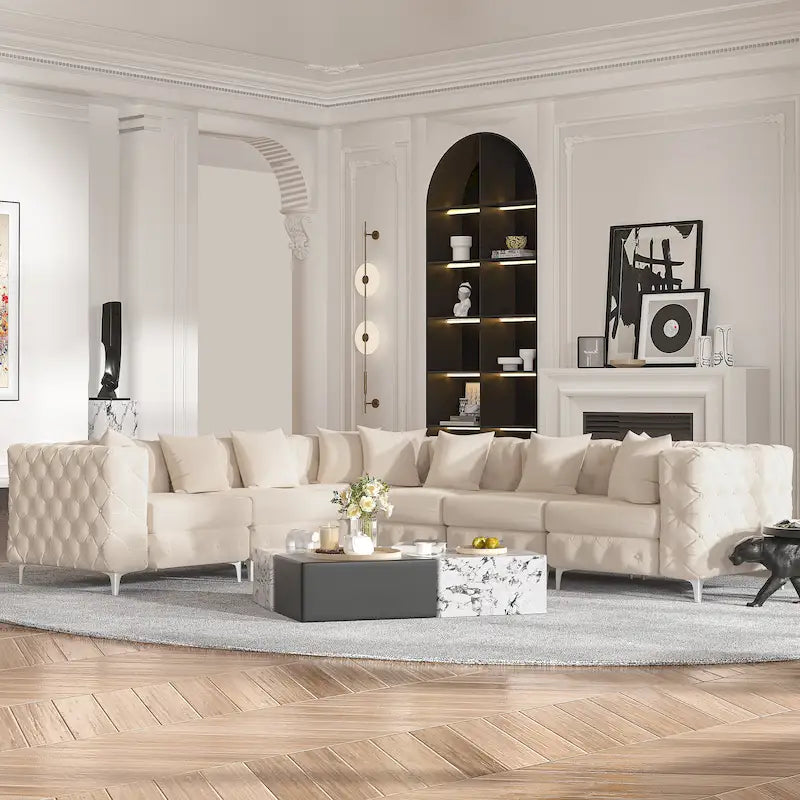 Large L-Shaped Modular Sofa, 6-Seat Velvet Sectional Couch