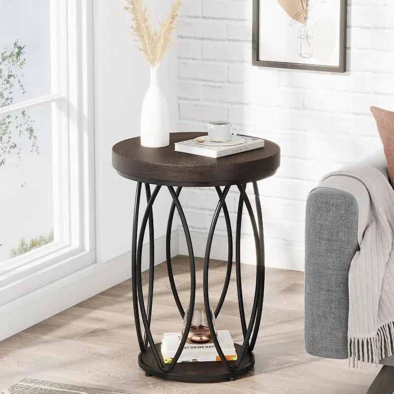 Industrial Round Side Table, Small End Table with Metal Frame