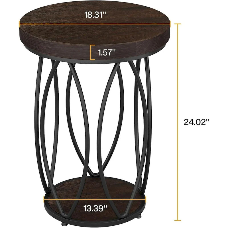 Industrial Round Side Table, Small End Table with Metal Frame