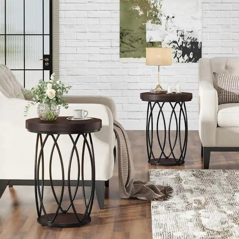 Industrial Round Side Table, Small End Table with Metal Frame