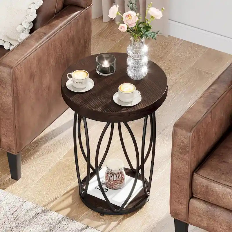 Industrial Round Side Table, Small End Table with Metal Frame