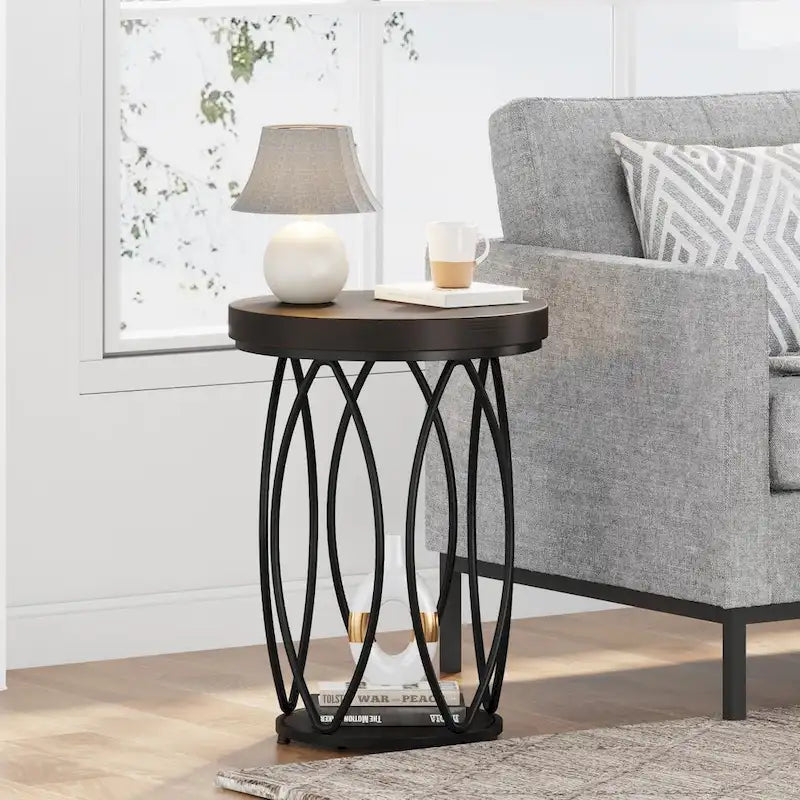 Industrial Round Side Table, Small End Table with Metal Frame