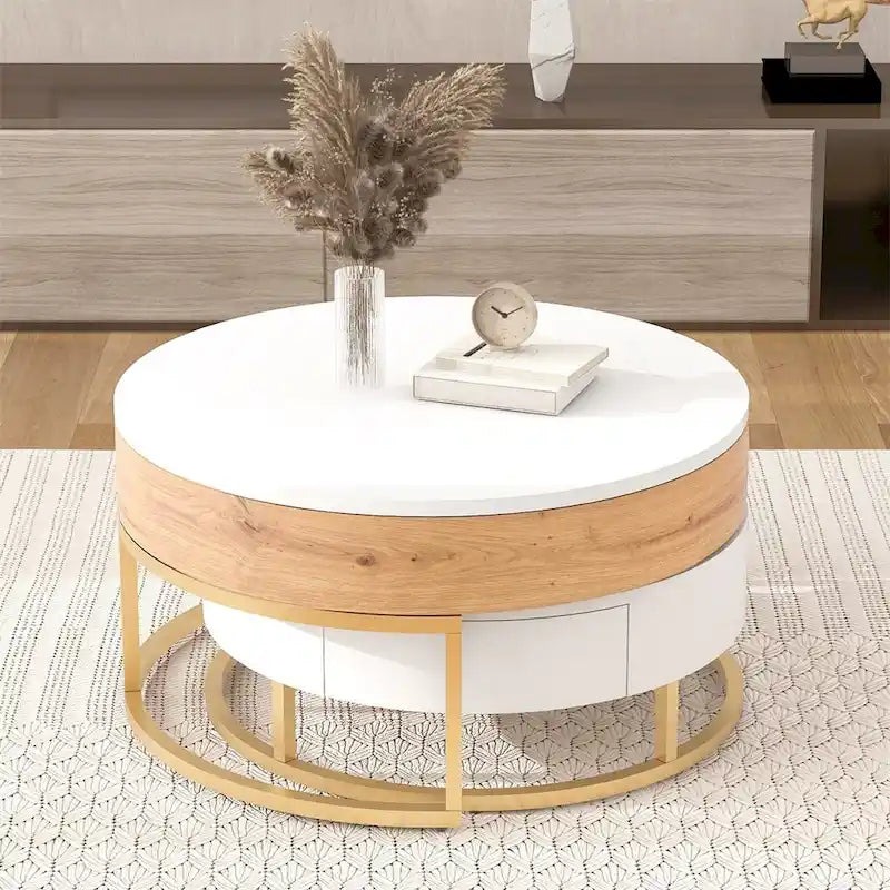 Modern Round Lift-top Nesting Coffee Tables with 2 Drawers