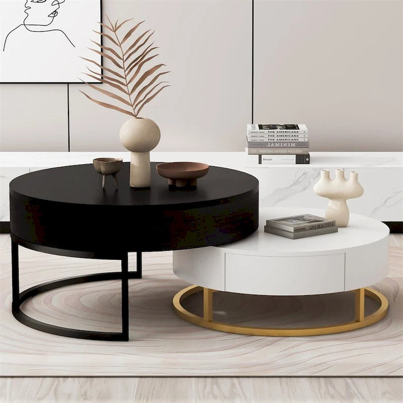 Modern Round Lift-top Nesting Coffee Tables with 2 Drawers