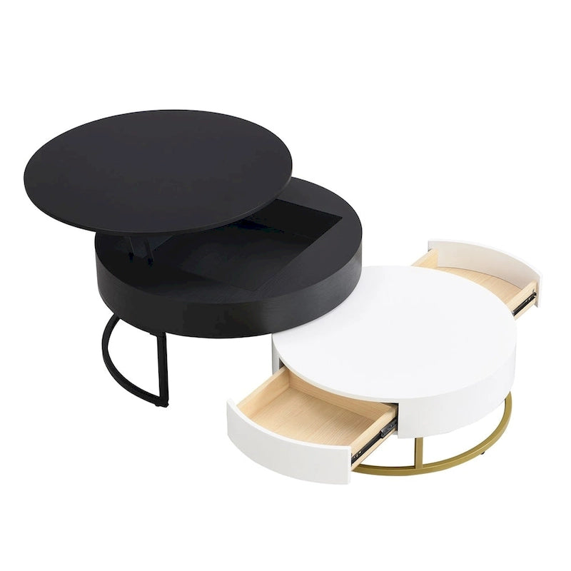 Modern Round Lift-top Nesting Coffee Tables with 2 Drawers