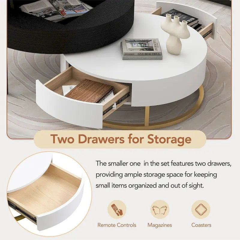 Modern Round Lift-top Nesting Coffee Tables with 2 Drawers