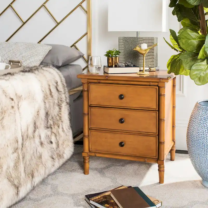 Modern Coastal 3-Drawer Navy Bamboo Nightstand