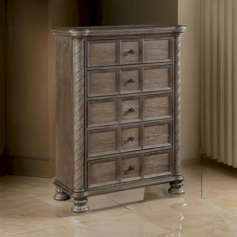 Emme 39 Inch Tall Dresser Chest, 5 Drawers and Bun Feet, Oak Brown Wood