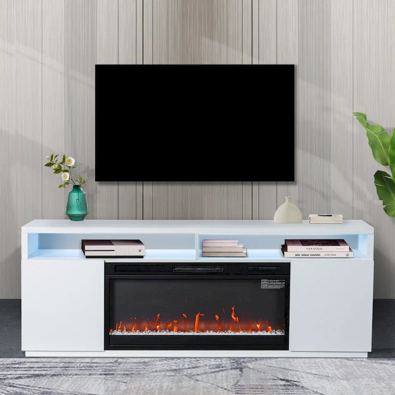 68 Modern RGB LED White TV Stands Console with 36 Fireplace