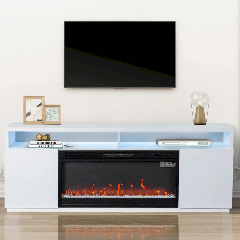 68 Modern RGB LED White TV Stands Console with 36 Fireplace
