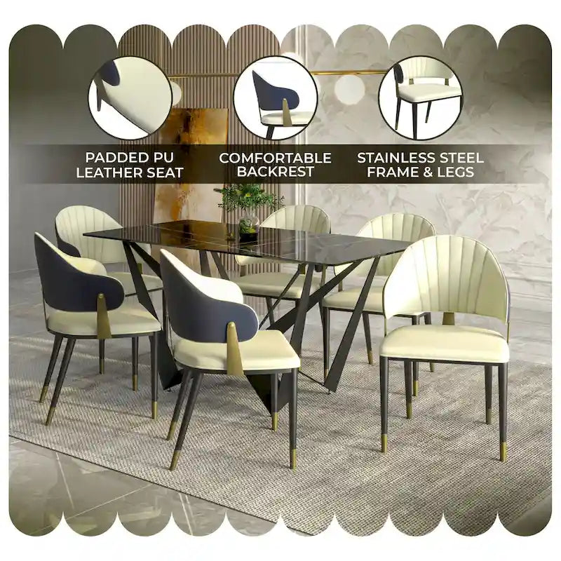 Leather Dining Chair in Iron with Gold Accents Design Modern Ergonomic Side Chair