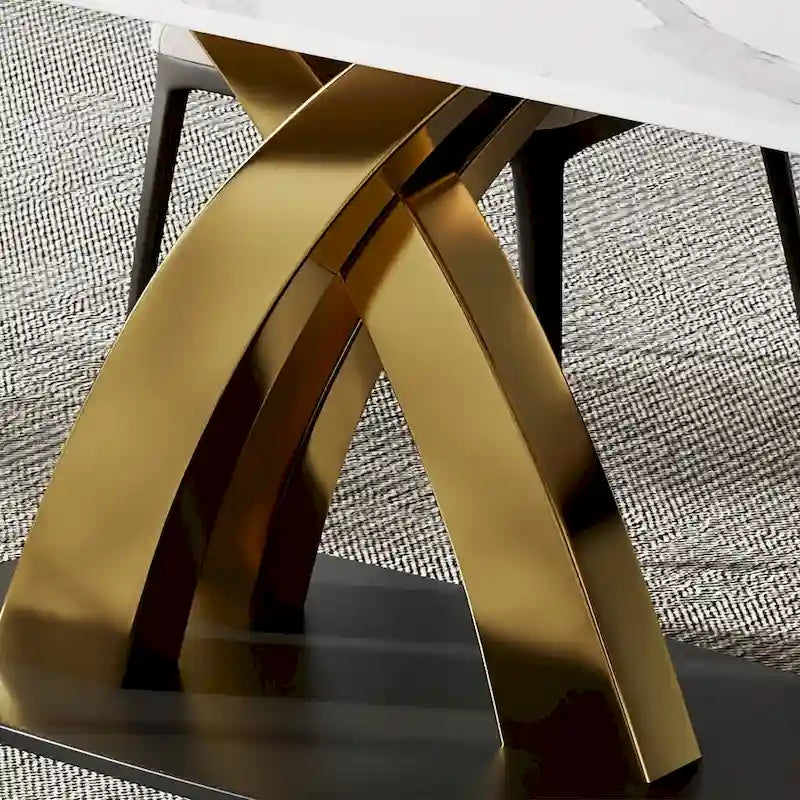 Modern White Rectangular Dining Table,Sintered Stone top,Gold X-Shaped