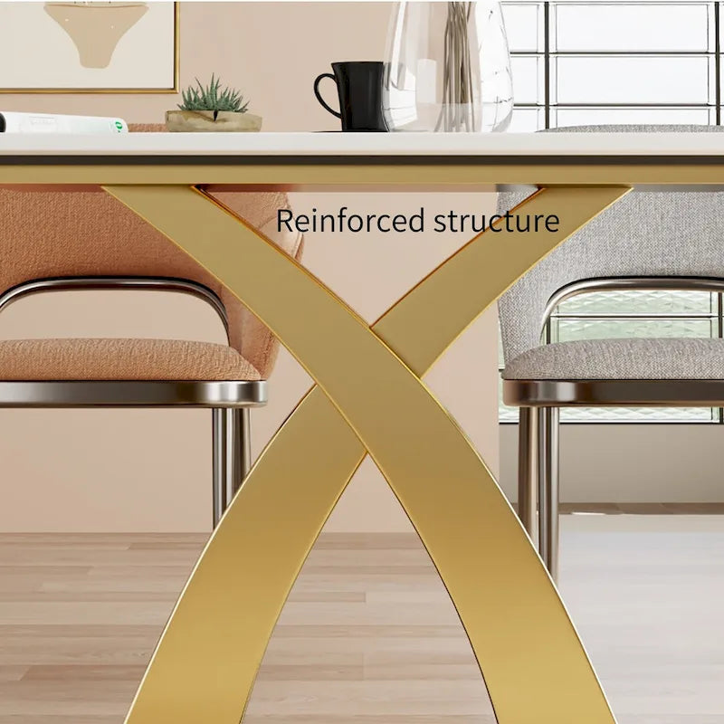 Modern White Rectangular Dining Table,Sintered Stone top,Gold X-Shaped